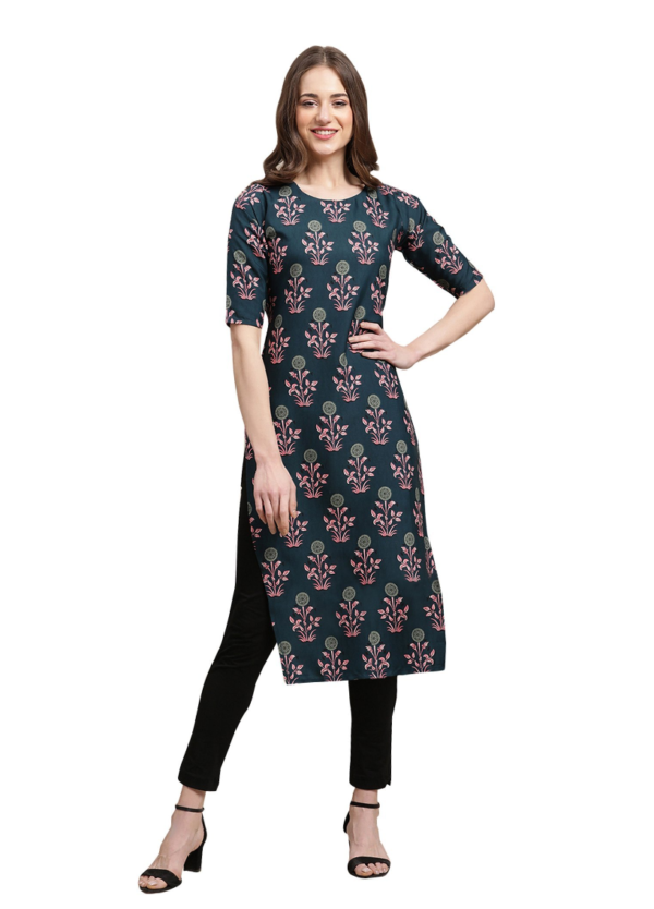 Straight Women Casual Printed Kurti - Black (Crepe Fabric)